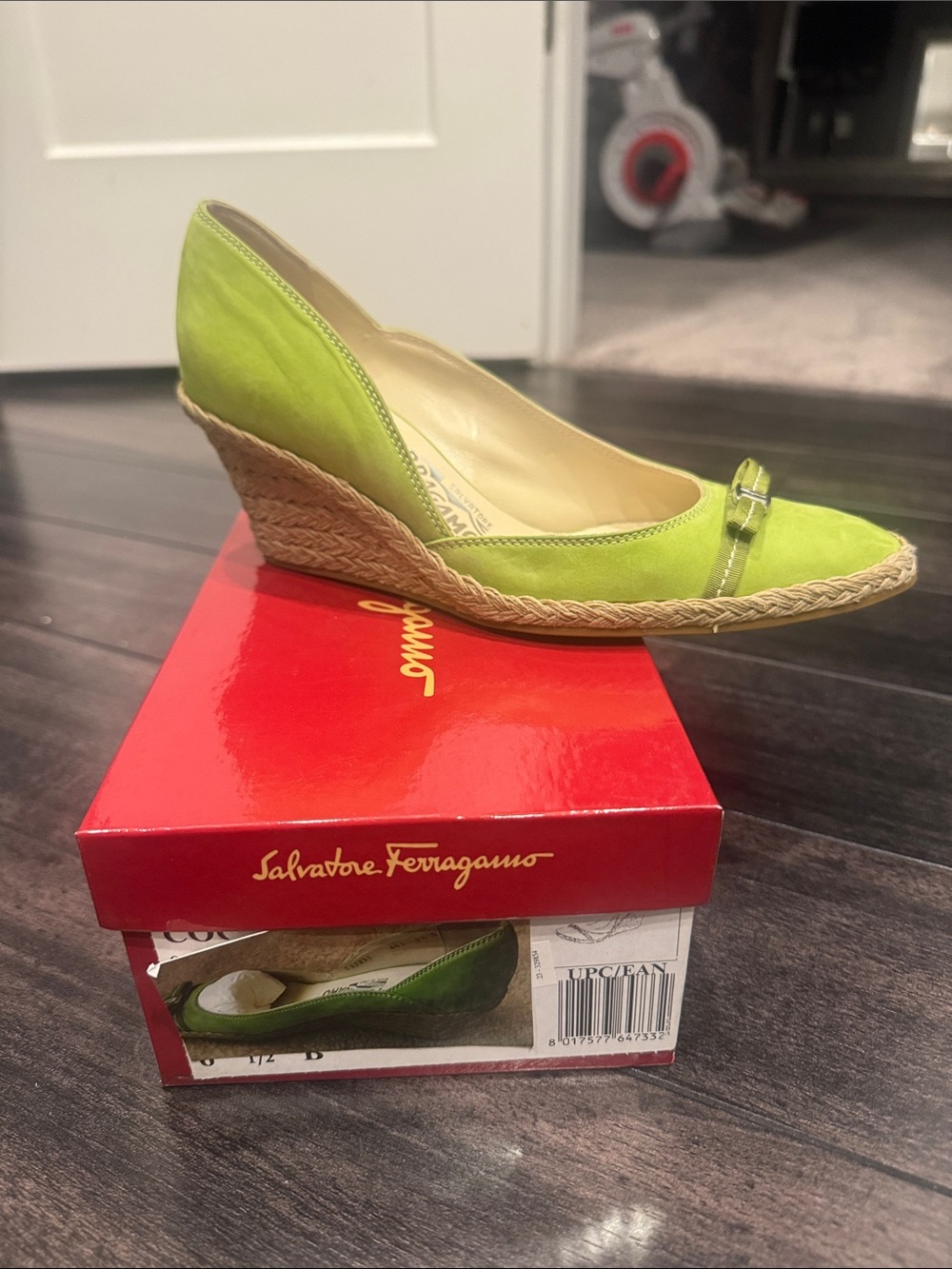 Salvatore Ferragamo Lime Green Suede Espadrille Wedge with Bow Accent